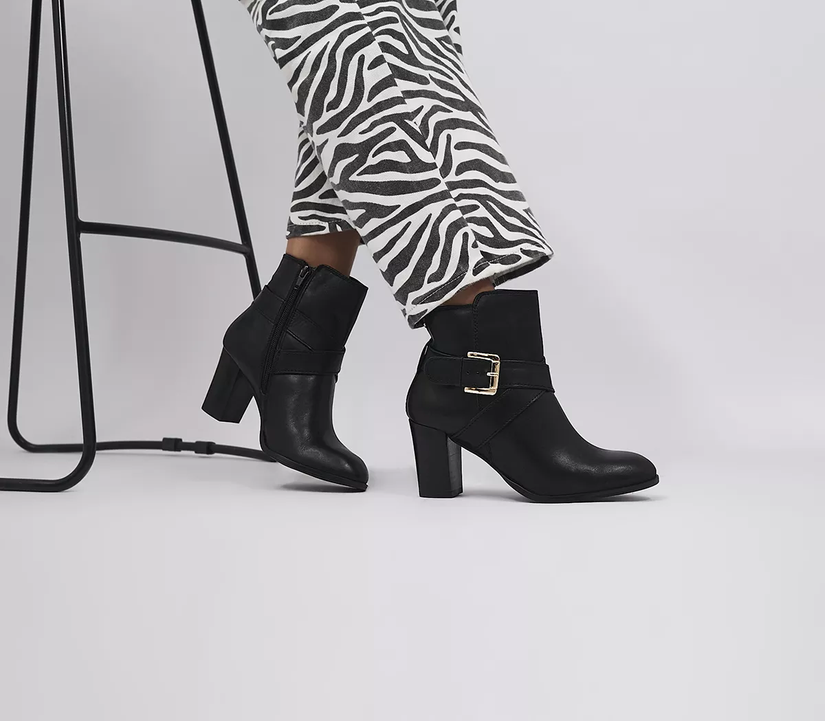 OFFICE Alma Buckle Strap Ankle Boots Black Leather