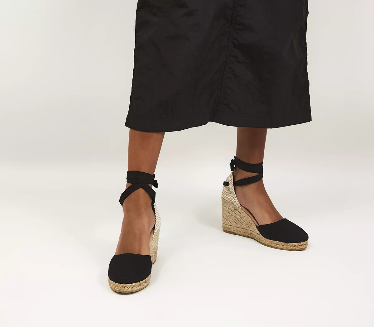 Gaimo for OFFICE Ankle Tie Espadrille Wedges Black Canvas