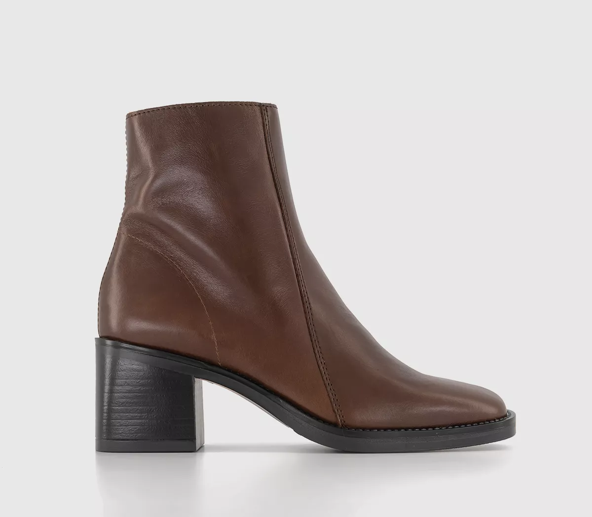 OFFICE Annabella Square Toe Leather Block Heel Boots Brown Leather