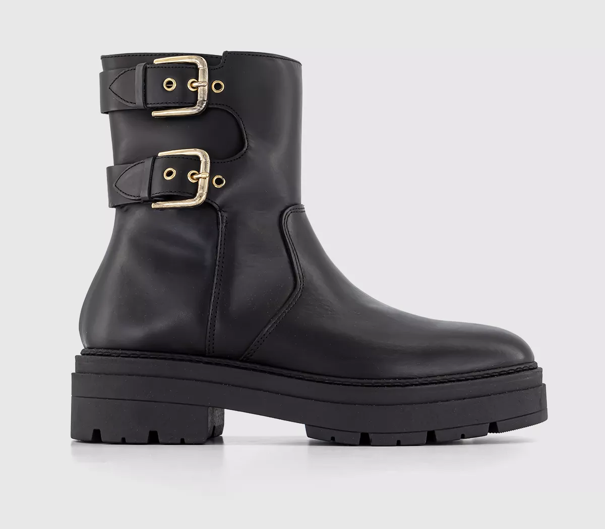 OFFICE Auto Buckle Detail Biker Boots Black Leather