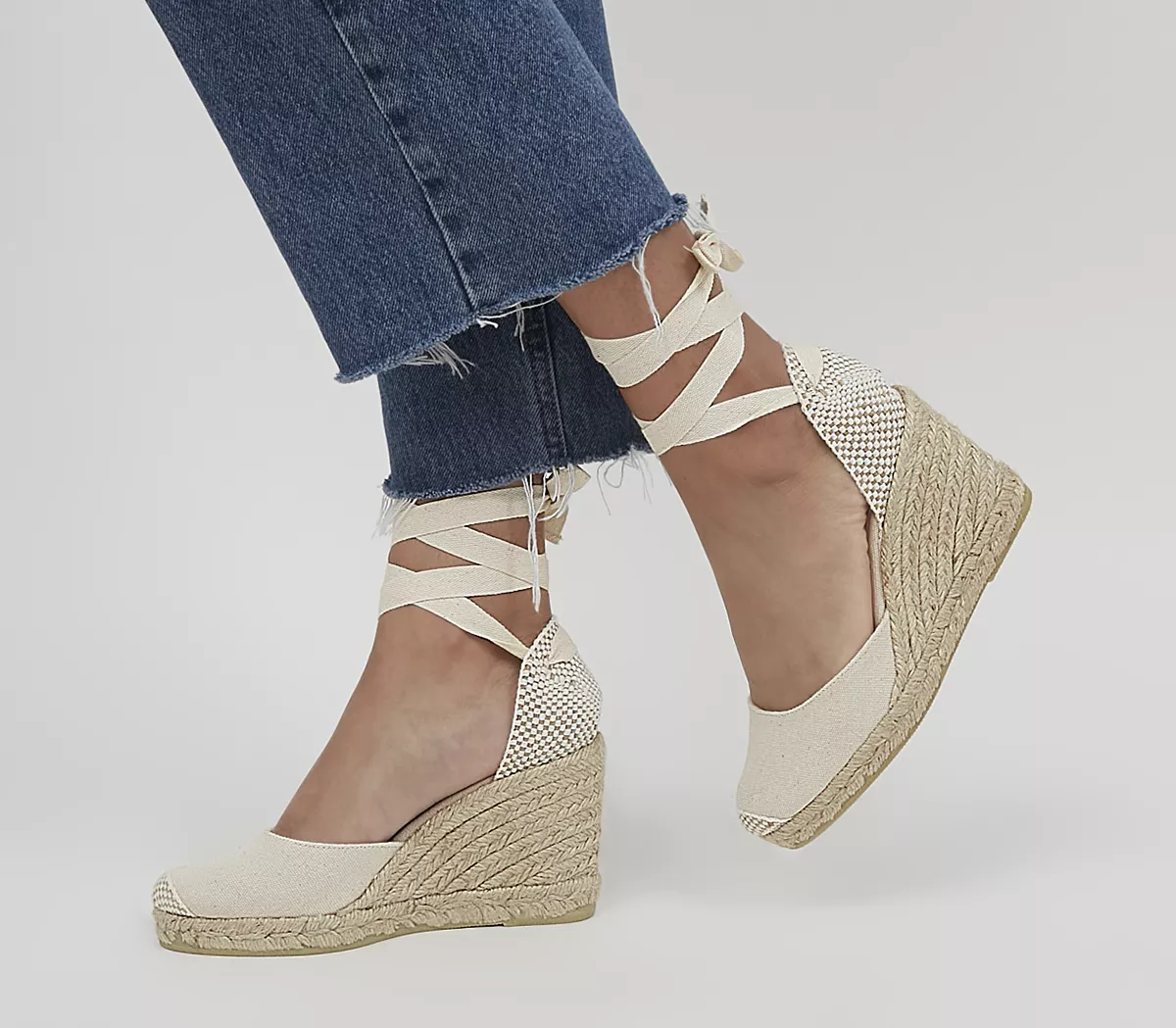 OFFICE Marmalade Ankle Tie Espadrille Mid Heel Wedges Cream Canvas