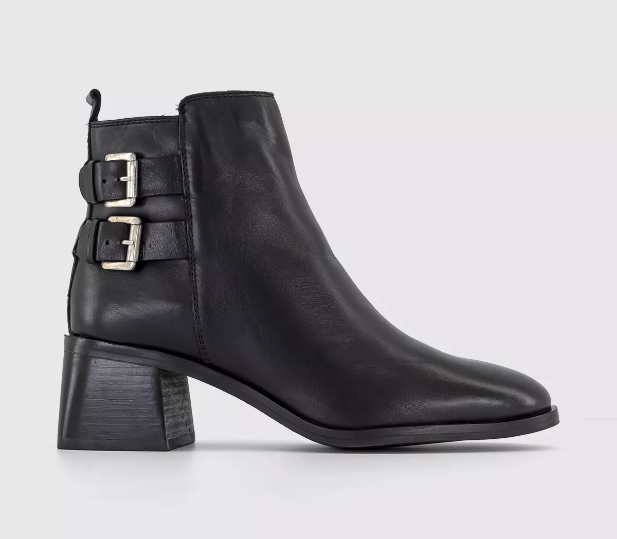 OFFICE August Buckle Detail Block Heeled Boots Black Leather