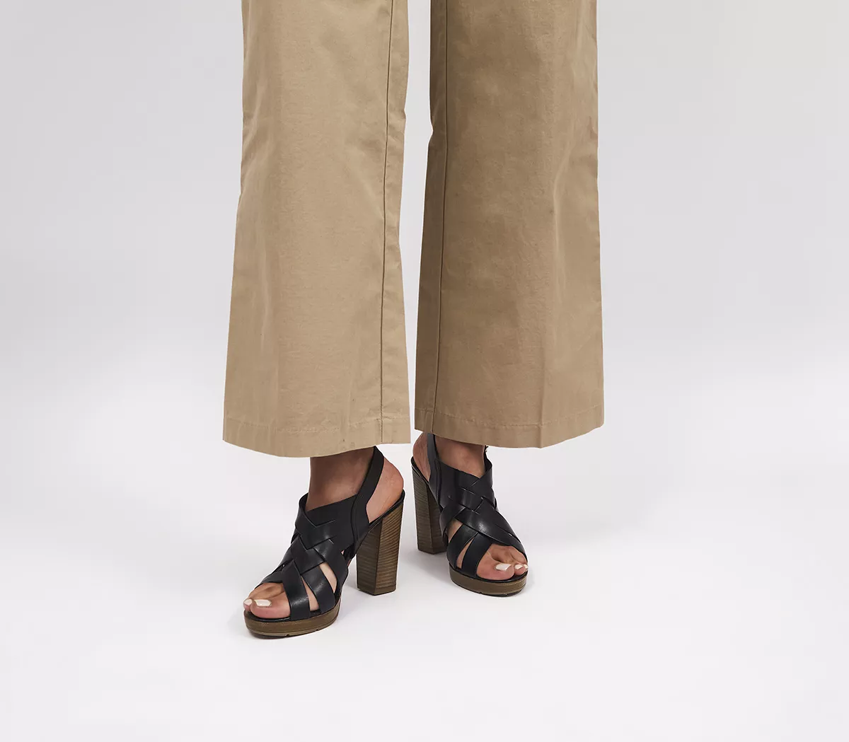 OFFICE Holiday Woven Upper Wooden Block Heels Black Leather