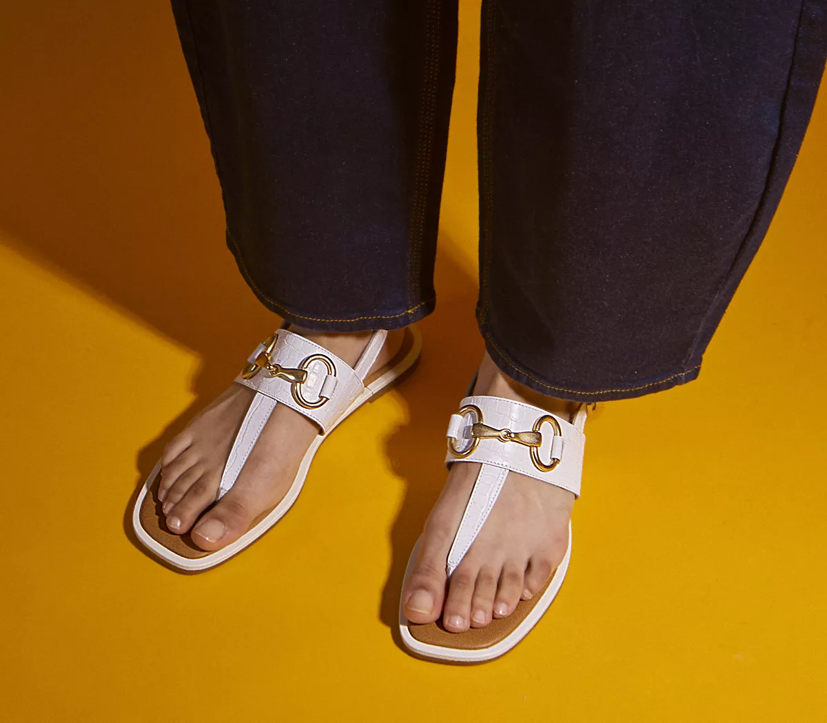 OFFICE Safari Croc Embossed Leather Trim T Bar Sandals White Leather