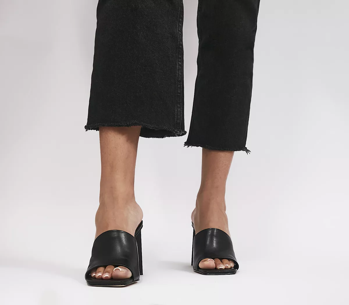OFFICE Hila Triangle Block Heel Mules Black Leather