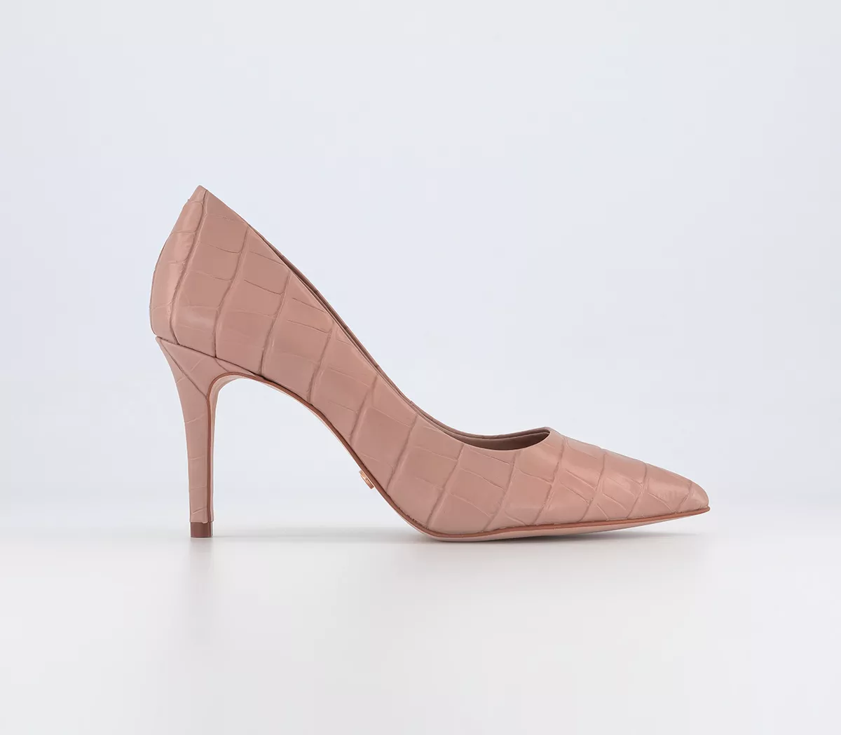 OFFICE Midlander Pointed Mid Heel Courts Beige Embossed Leather