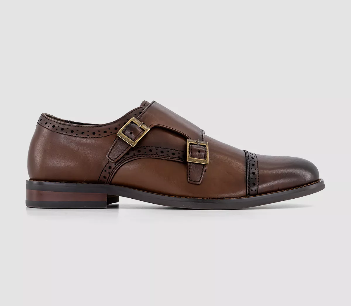 OFFICE Myles Double Strap Monk Shoes Brown Leather