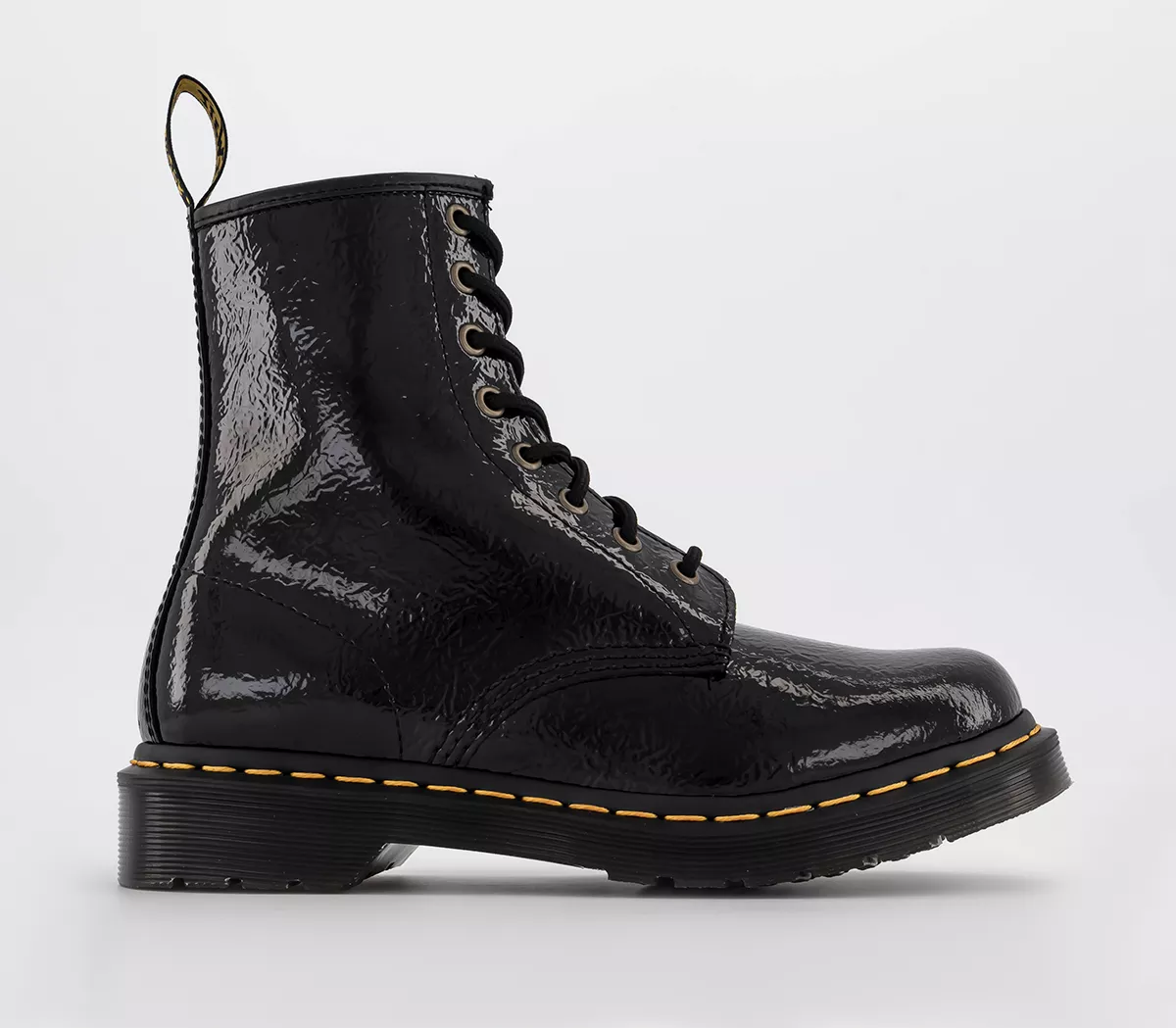 Dr. Martens 8 Eyelet Lace Up Boots Black Distressed Patent