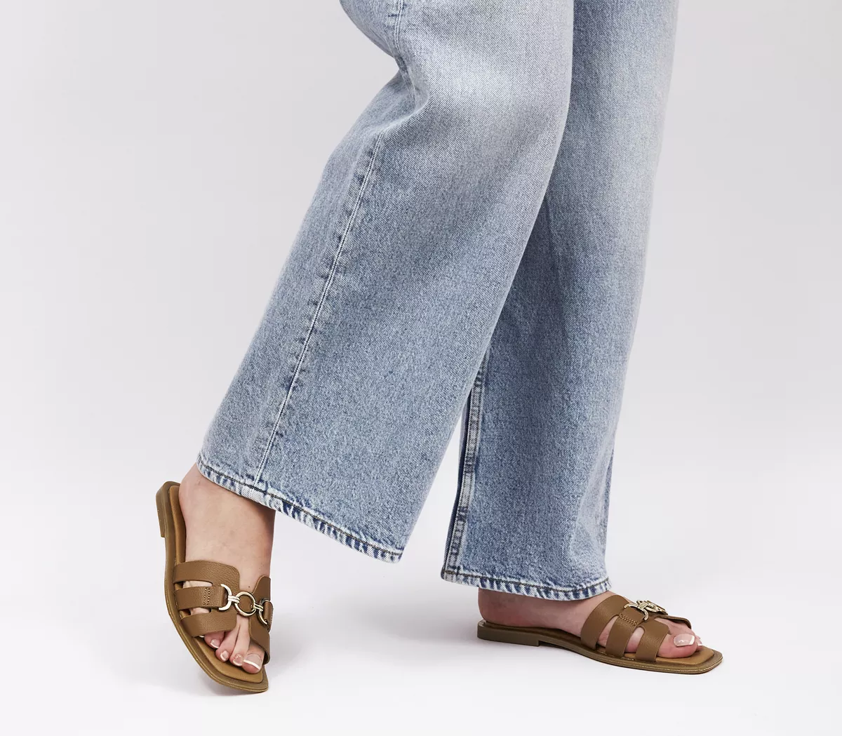 OFFICE Salvador Gold Trim Slides Tan Leather