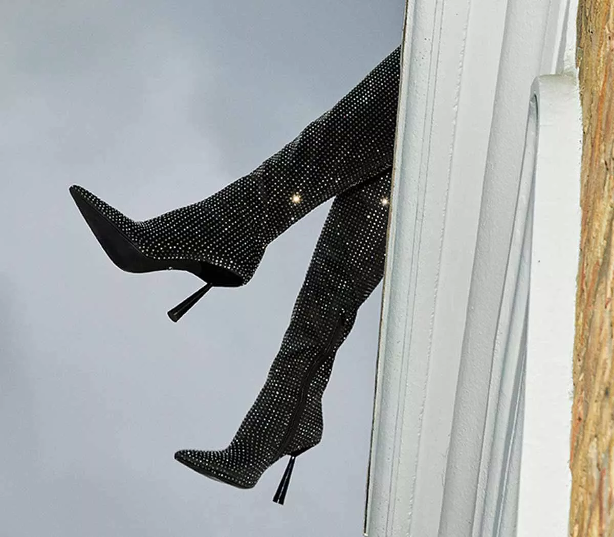 OFFICE Kami Over The Knee Point Stiletto Boots Black Diamante