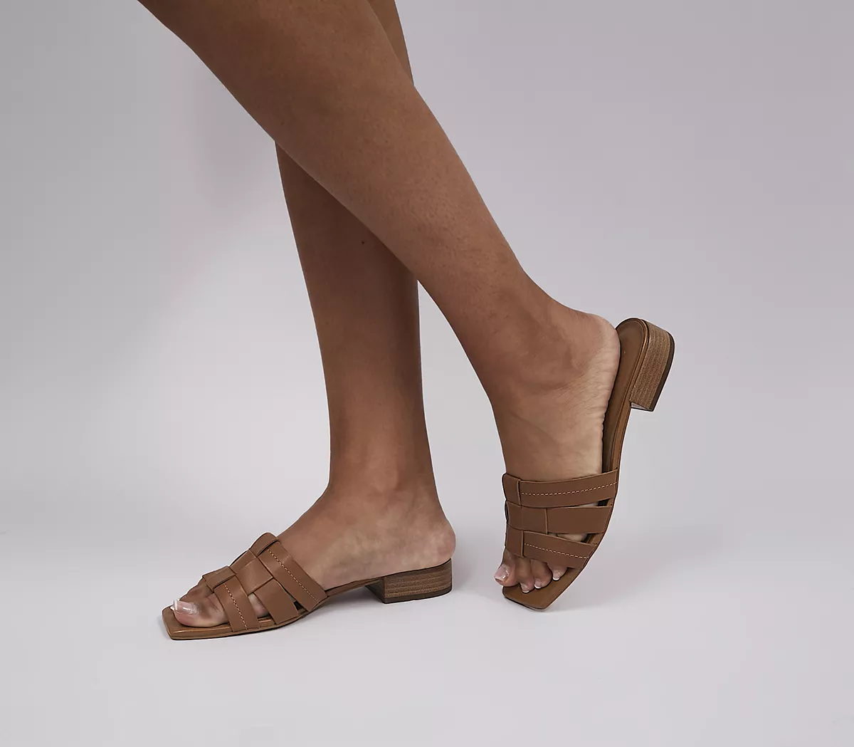 OFFICE Santorini Low Block Mules Tan Leather