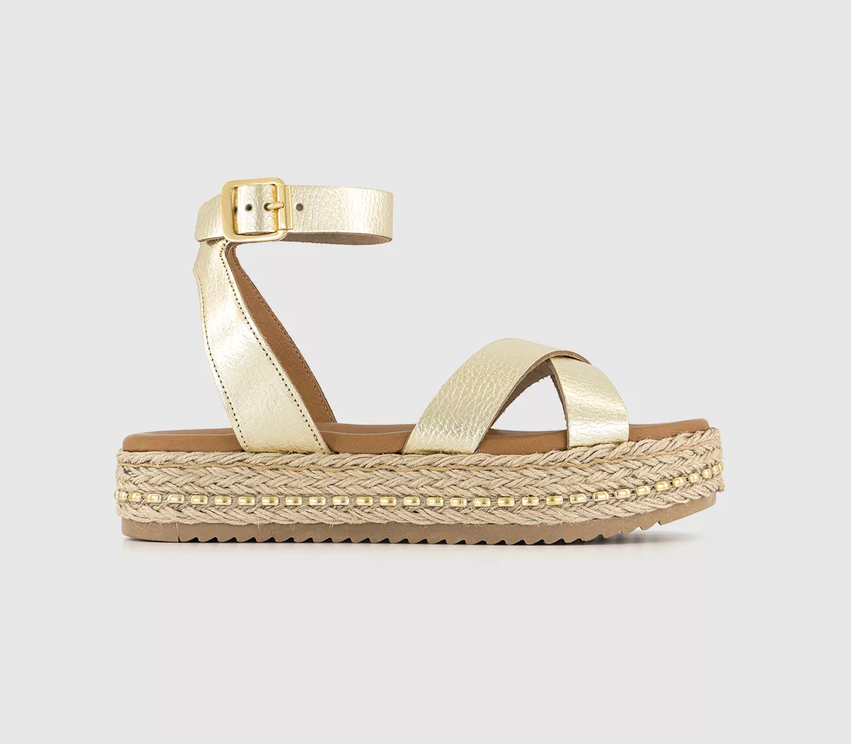 OFFICE Sassy Cross Strap Espadrille Flatform Gold Leather