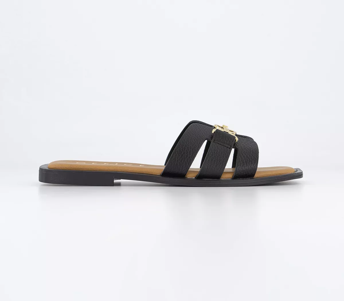 OFFICE Salvador Gold Trim Slides Black Leather