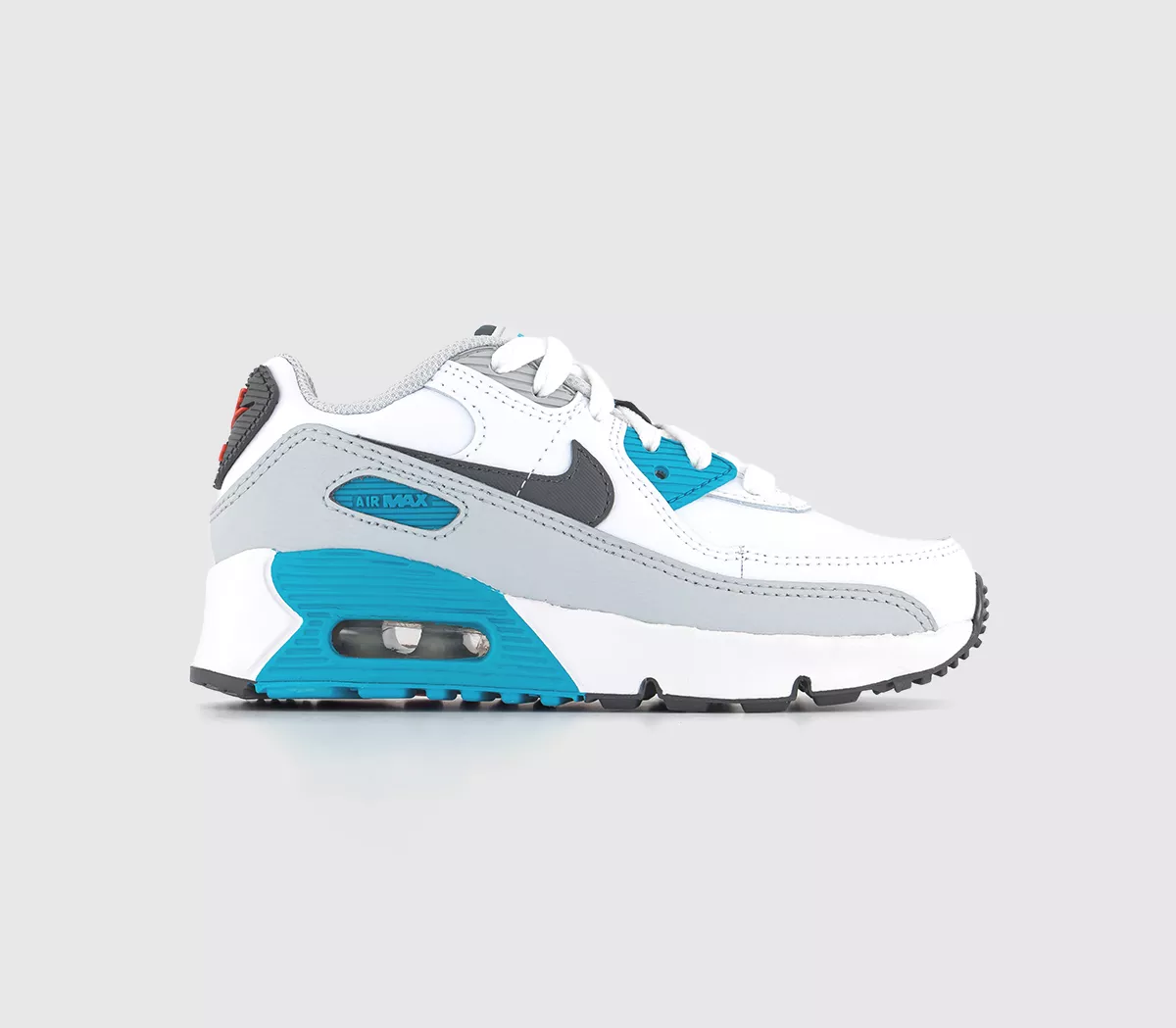 Nike Air Max 90 Kids Trainers White Iron Grey Chlorine Blue Fusion Red