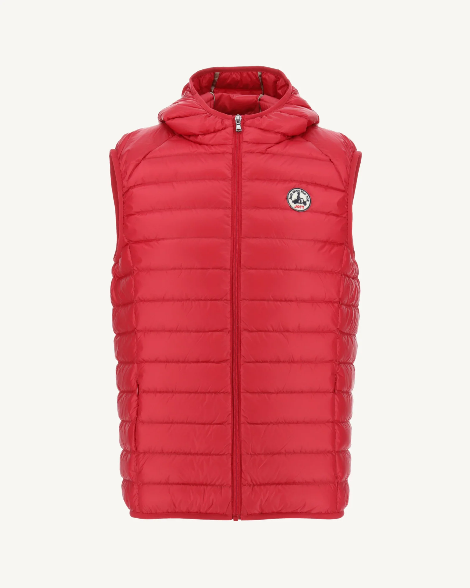 Red Pat sleeveless hooded down jacket