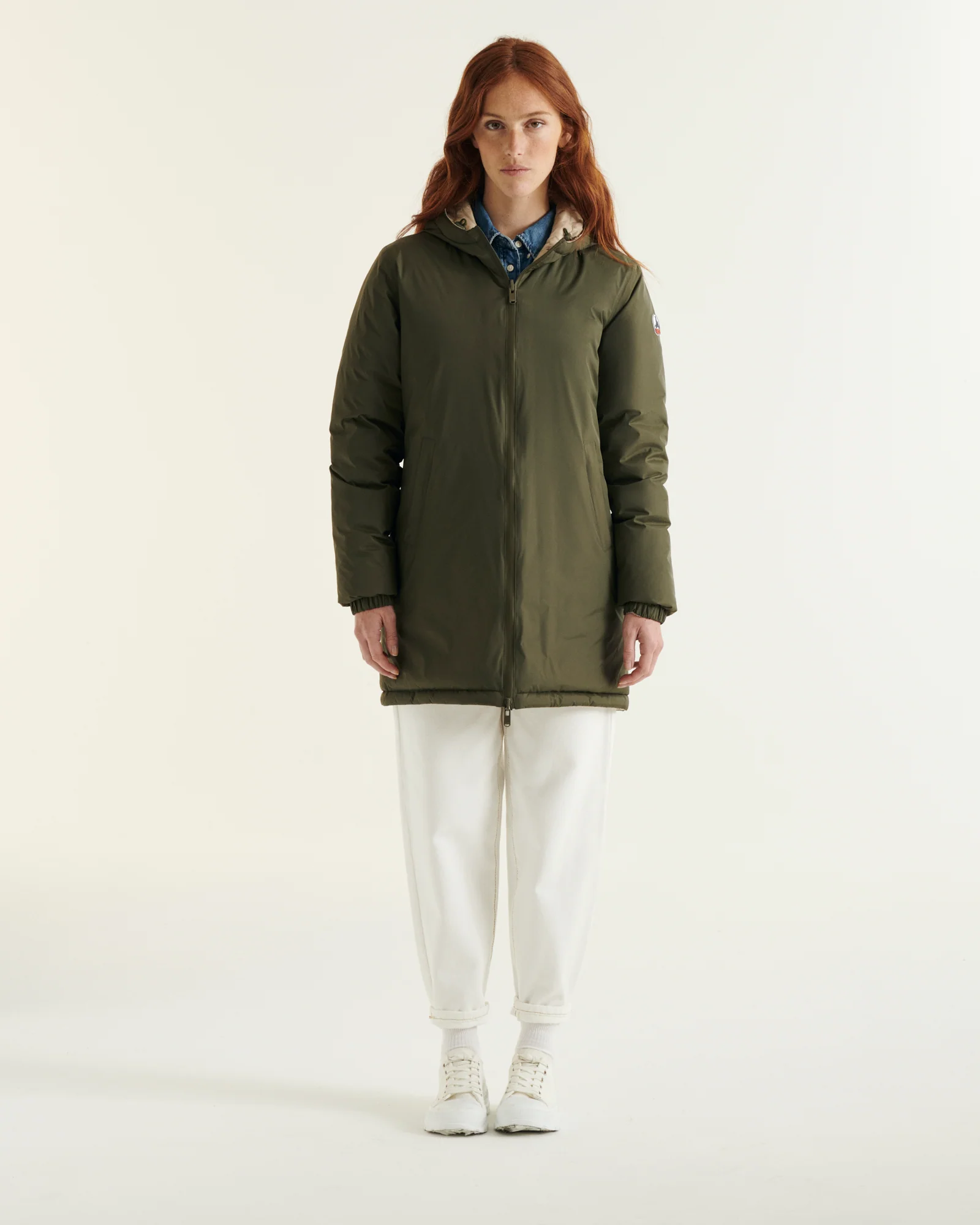 Down jacket long reversible Army/Beige Roma 2.0