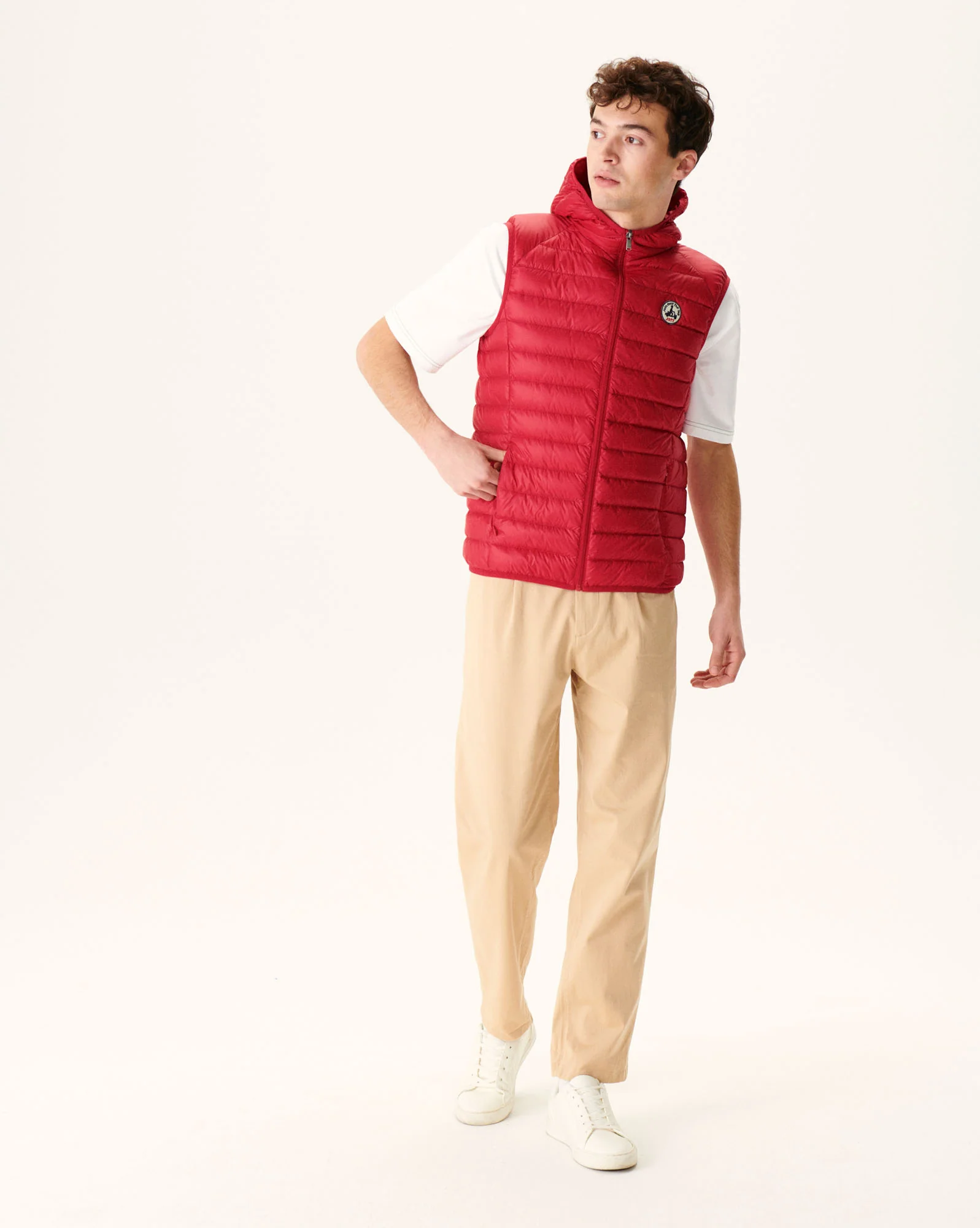 Taupe Pat hooded sleeveless padded jacket