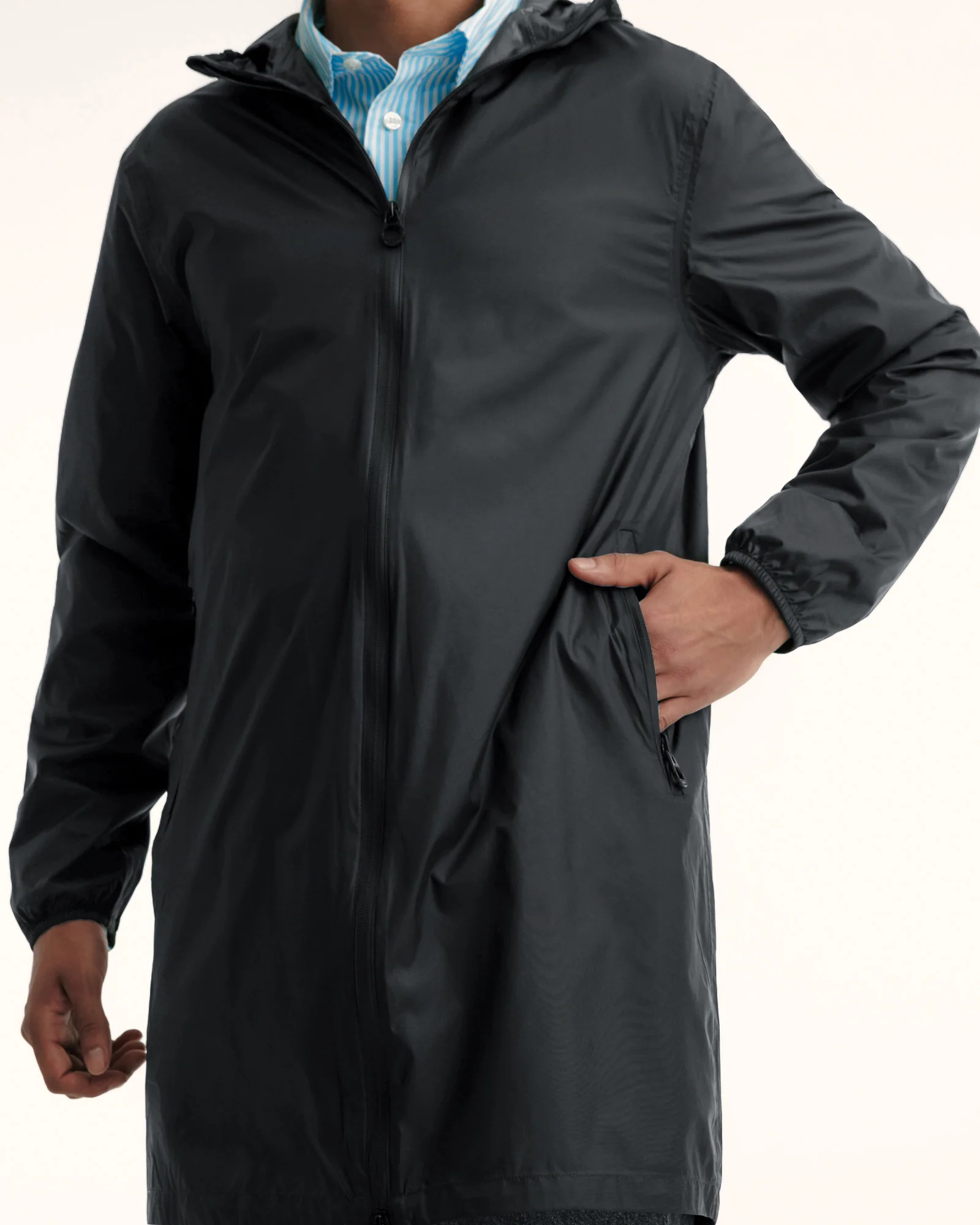 Long hooded raincoat packable Black Oban
