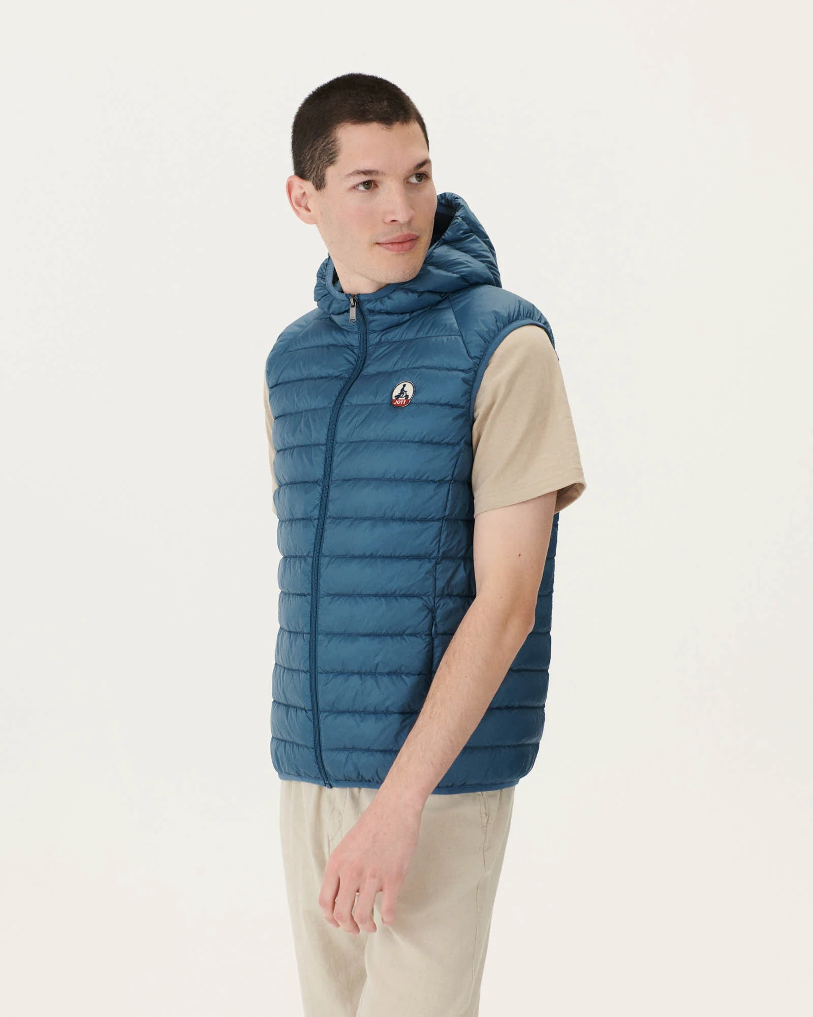 Taupe Pat hooded sleeveless padded jacket