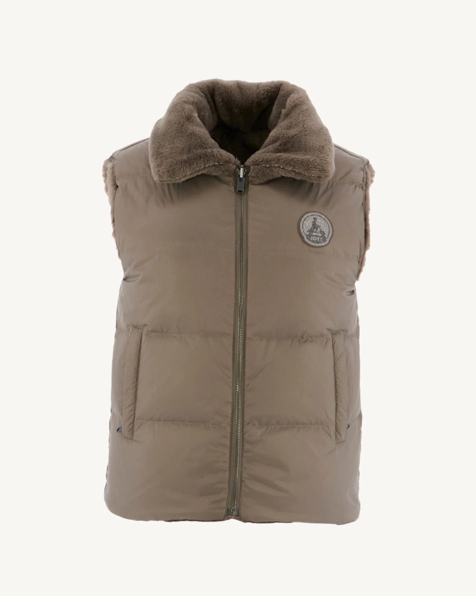 Down jacket with crystals Swarovski®️ sleeveless reversible Grand Froid Taupe Daria