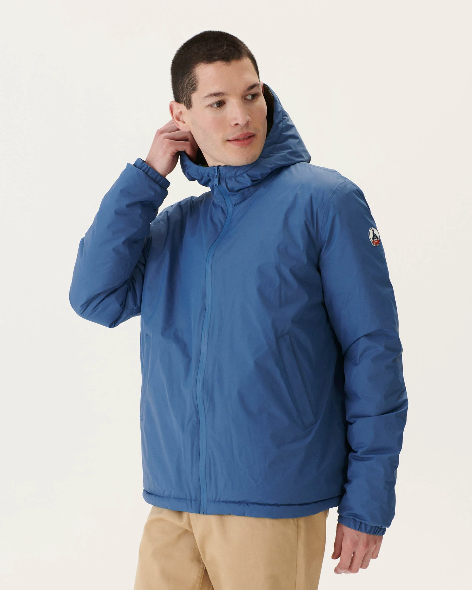 Reversible hooded puffer jacket Denim blue/Army Bergen