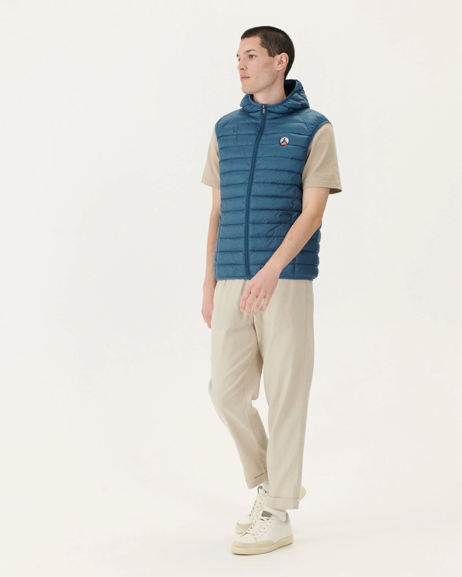 Taupe Pat hooded sleeveless padded jacket