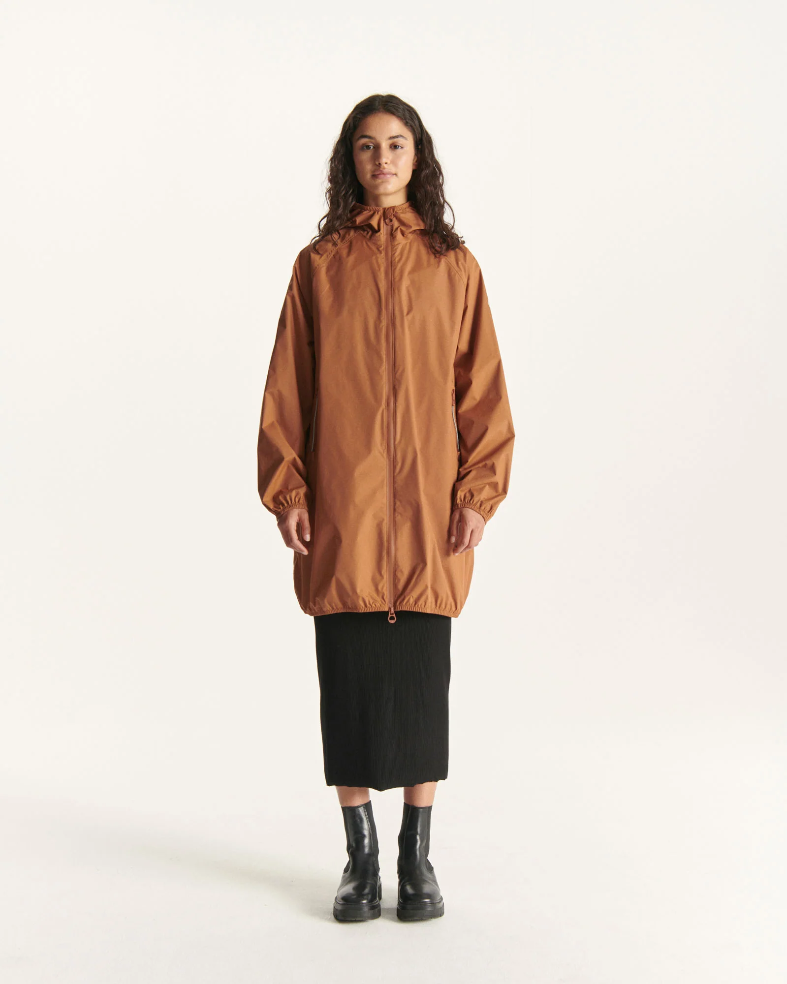 Caramel Copenhagen long hooded packable raincoat