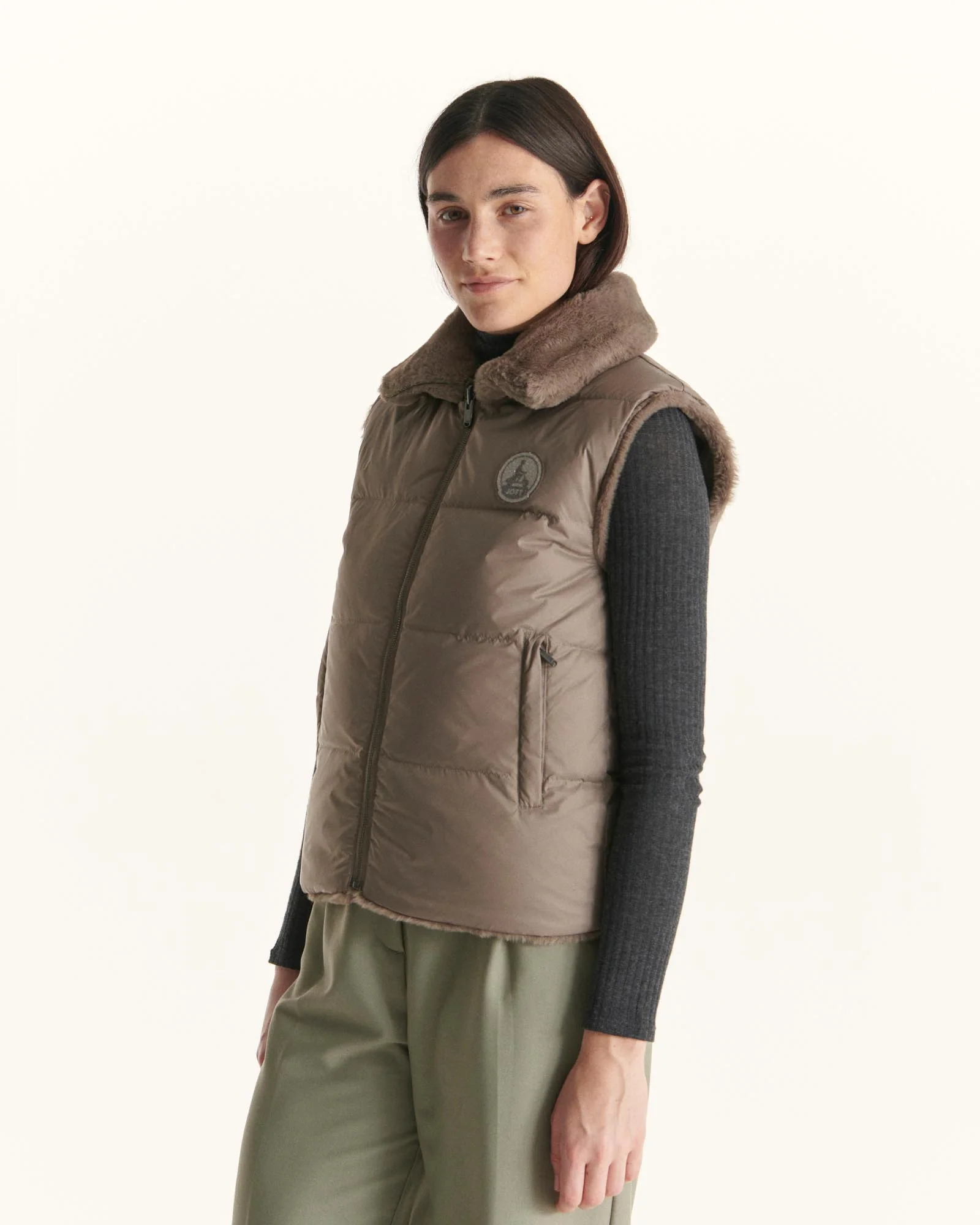 Down jacket with crystals Swarovski®️ sleeveless reversible Grand Froid Taupe Daria