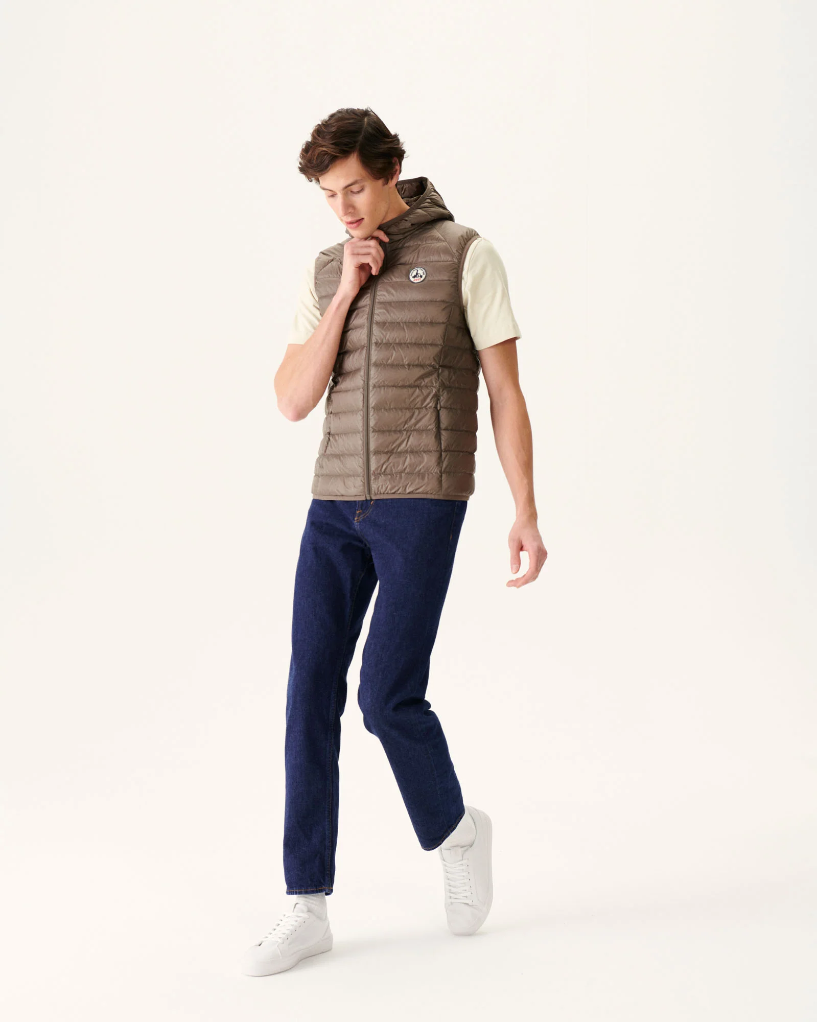 Taupe Pat hooded sleeveless padded jacket