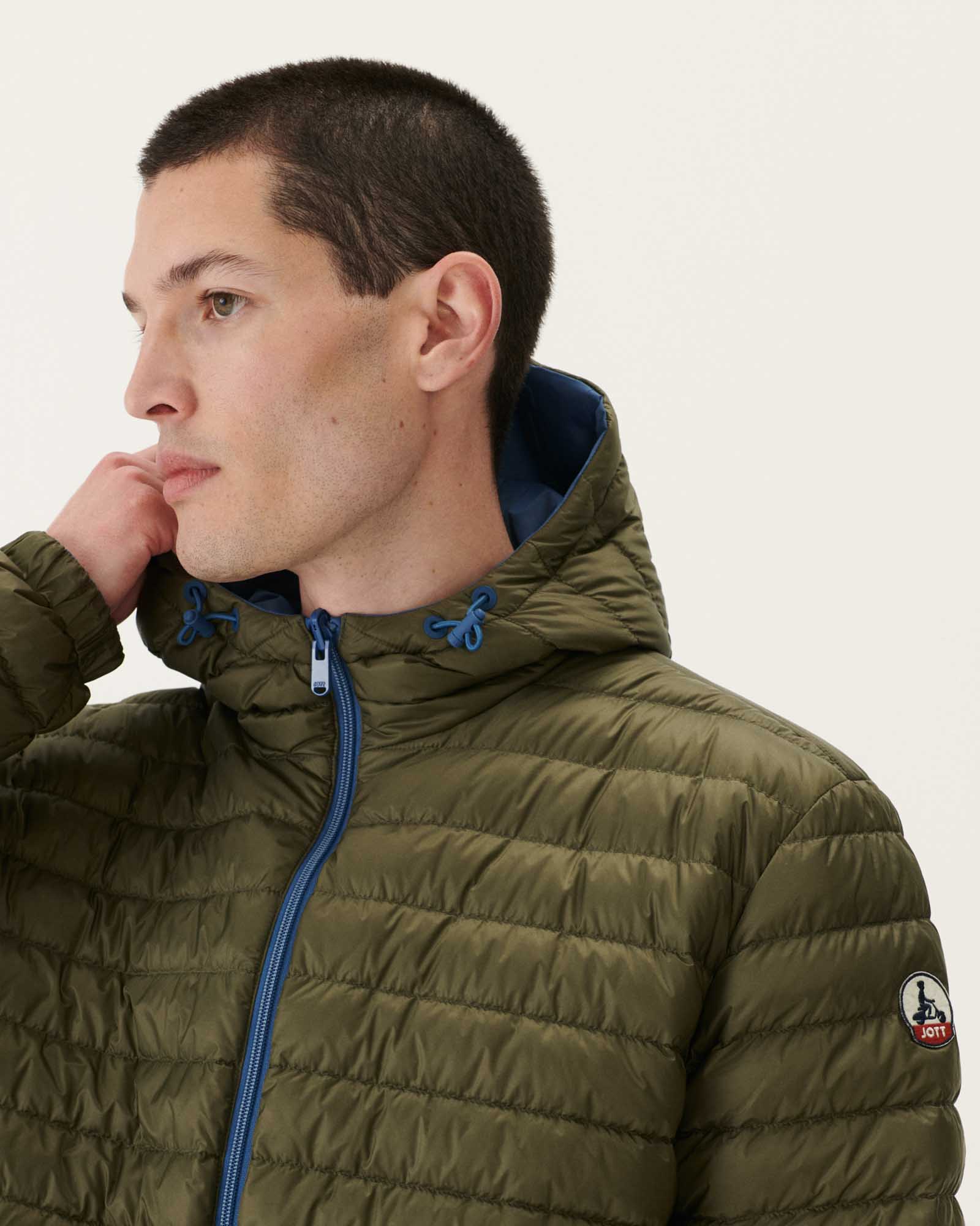 Reversible hooded puffer jacket Denim blue/Army Bergen