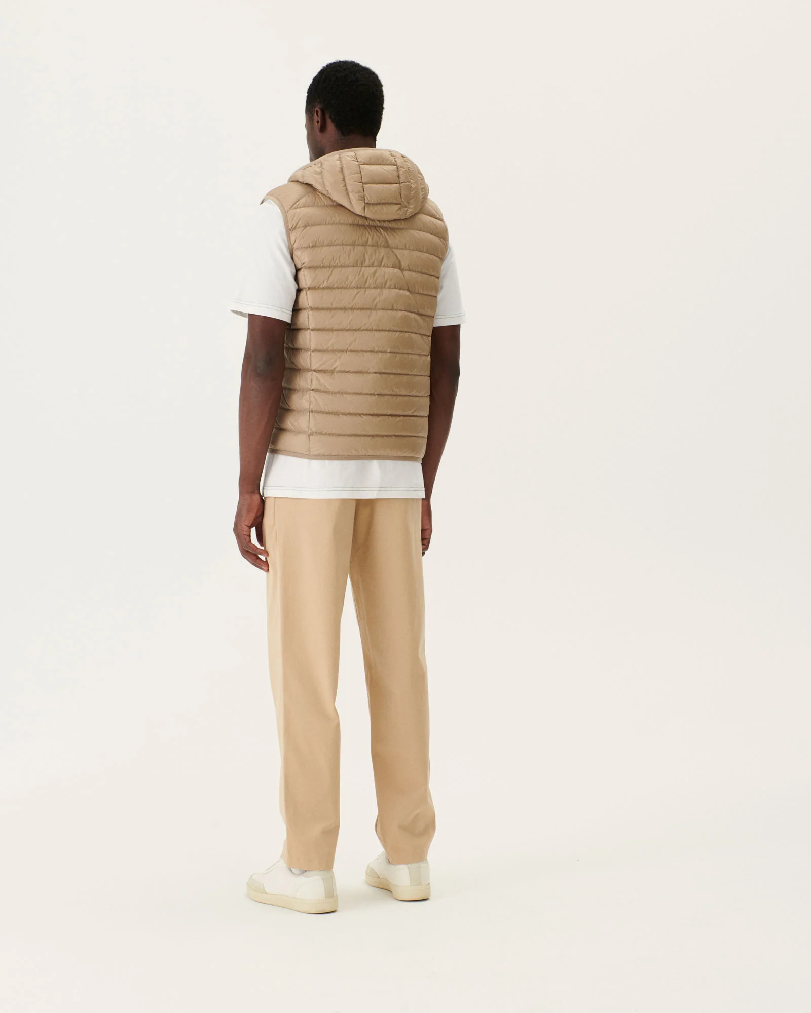 Taupe Pat hooded sleeveless padded jacket