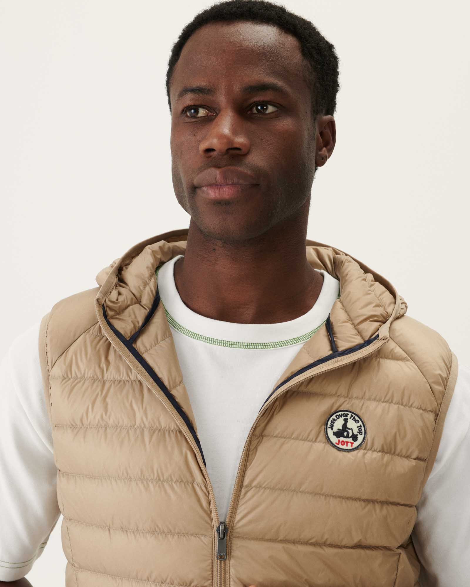Taupe Pat hooded sleeveless padded jacket