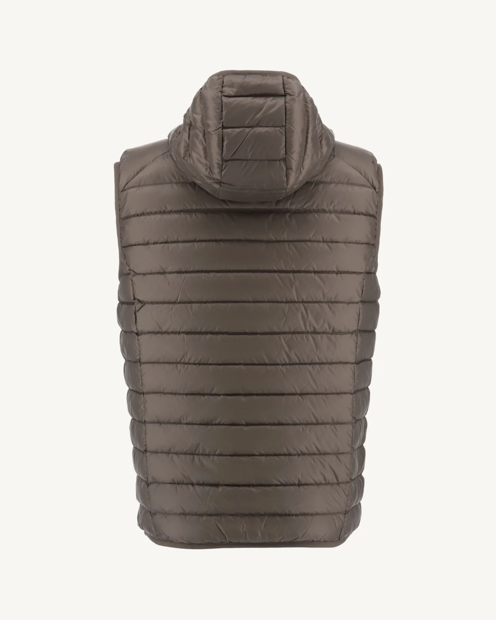 Taupe Pat hooded sleeveless padded jacket