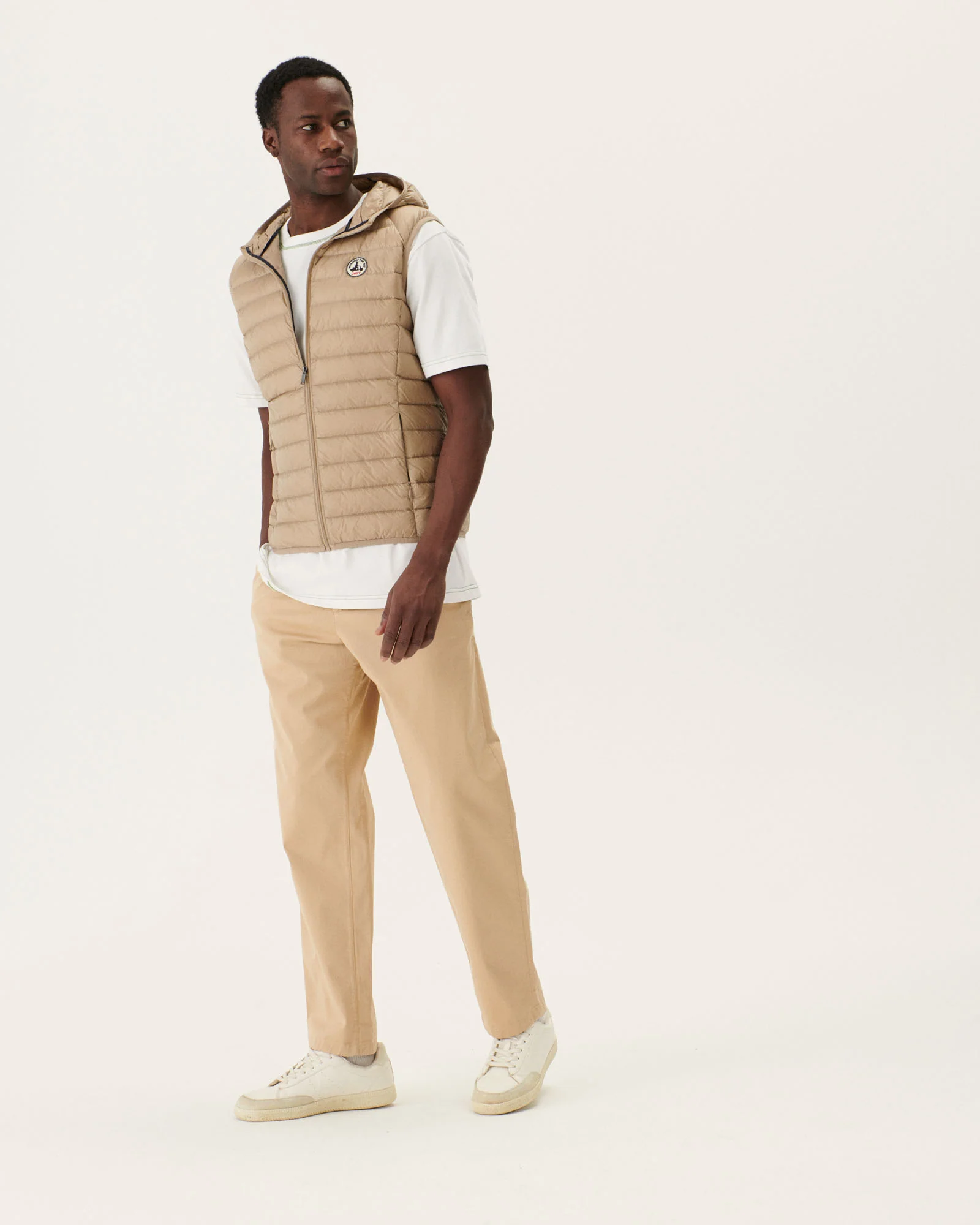 Taupe Pat hooded sleeveless padded jacket