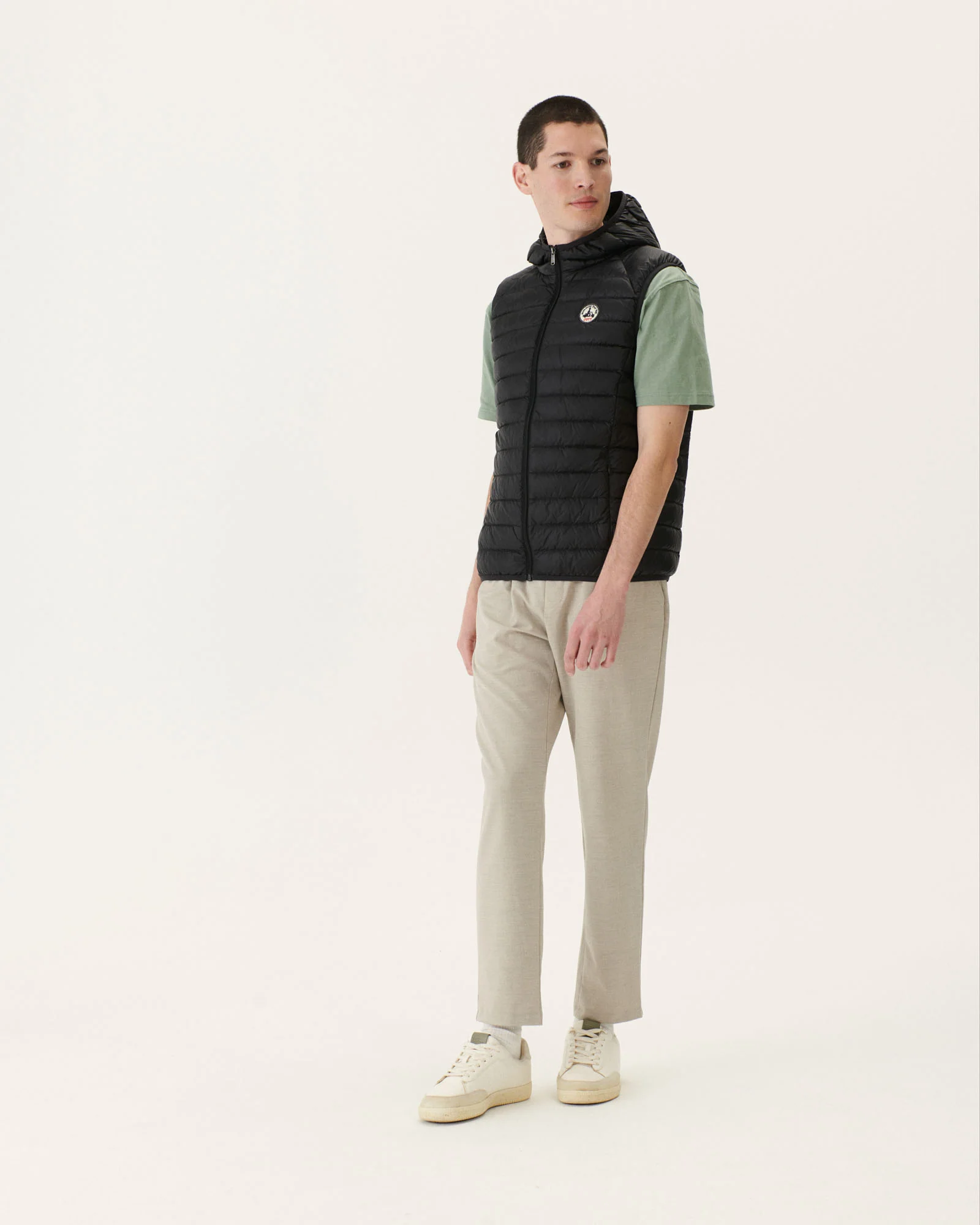 Taupe Pat hooded sleeveless padded jacket