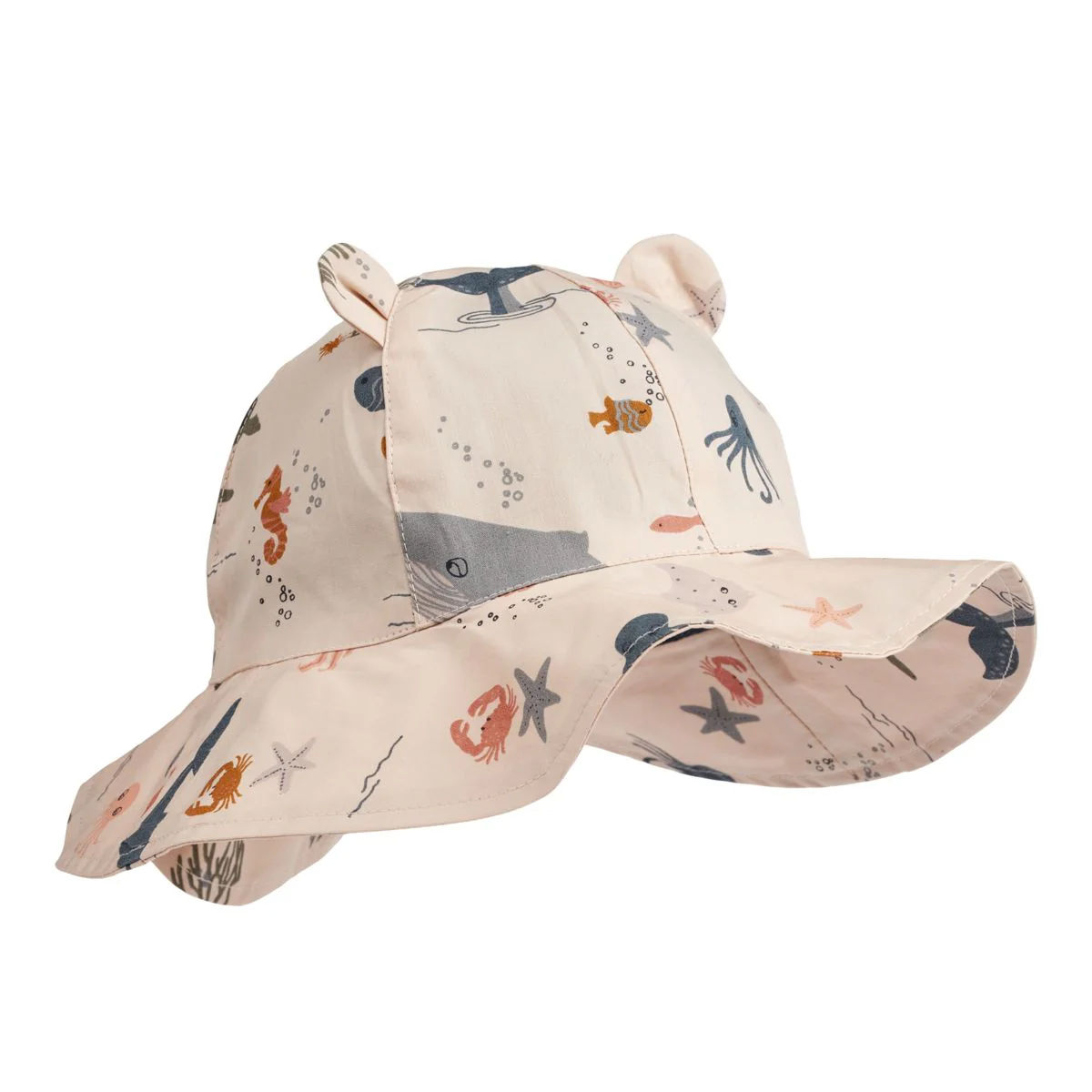 Amelia seersucker sun hat with ears - Y/D stripes Crisp white / Sandy