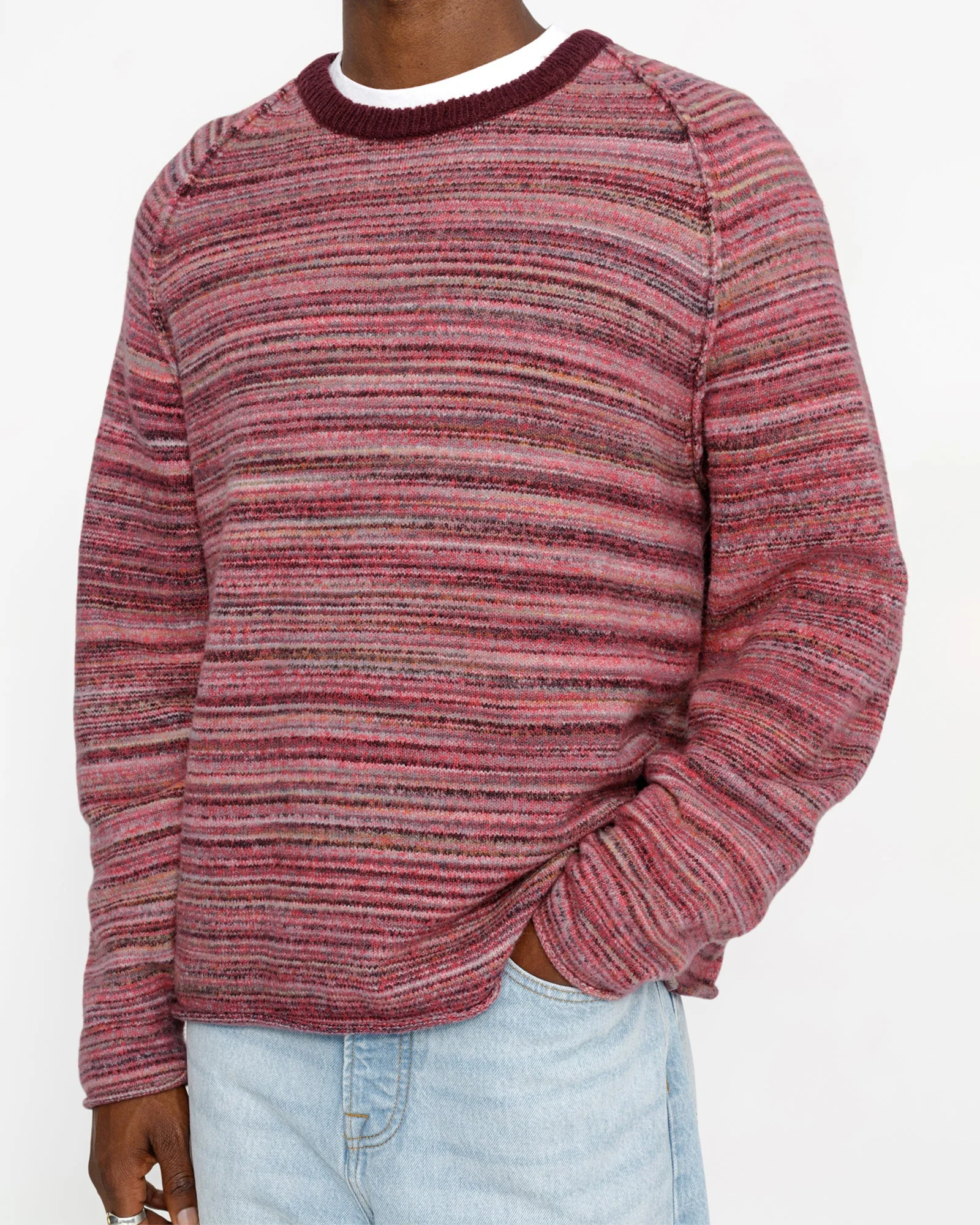 TEXTURED KNIT CONTRAST COLLAR CREW