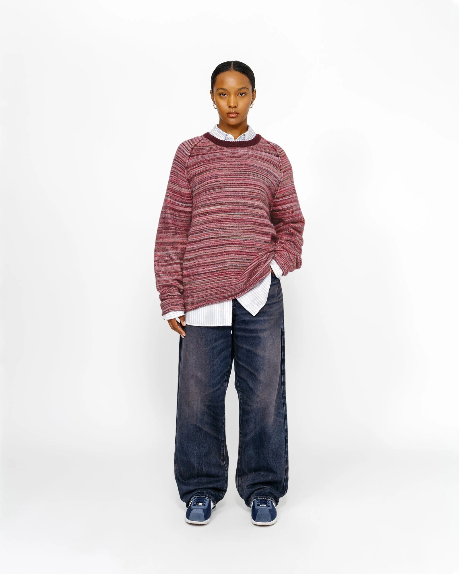 TEXTURED KNIT CONTRAST COLLAR CREW