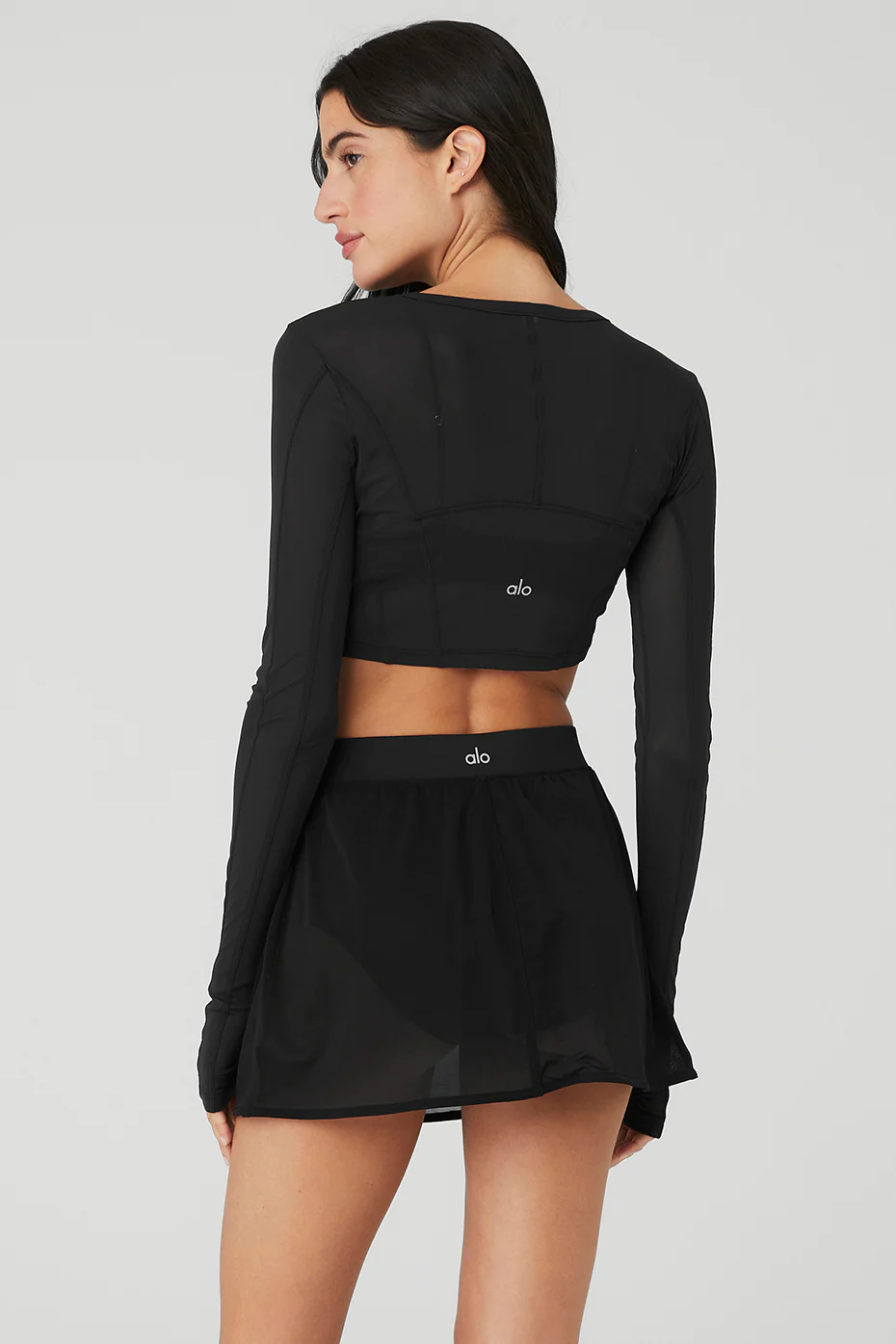 Mesh Cropped Fine Line Long Sleeve - Black