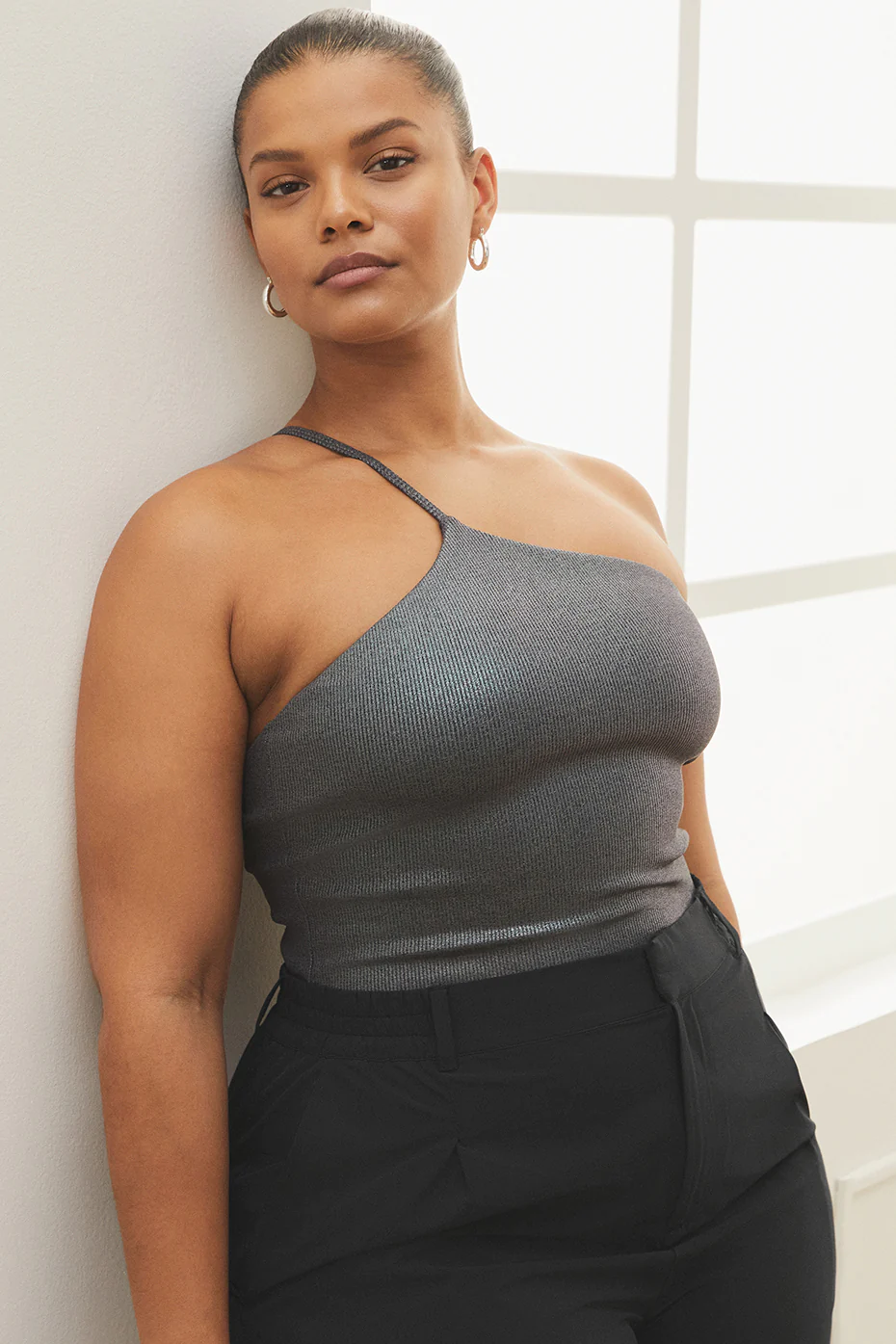 Alosoft Ribbed Shimmer Plie Bodysuit - Dark Grey Iridescent