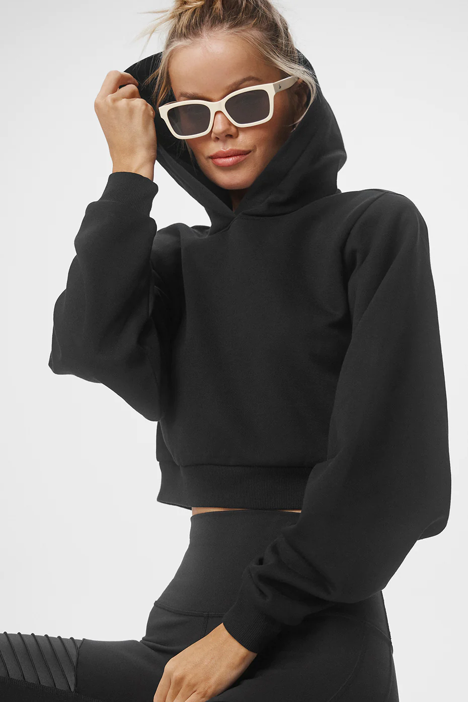 Cropped Headliner Shoulder Pad Hoodie - Black