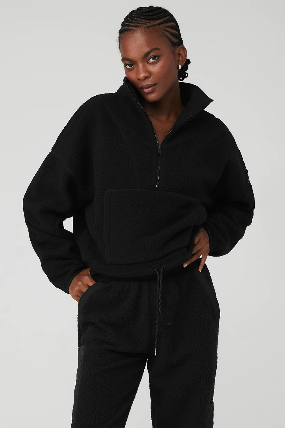 Micro Sherpa Cozy Cabin Half Zip Pullover - Black