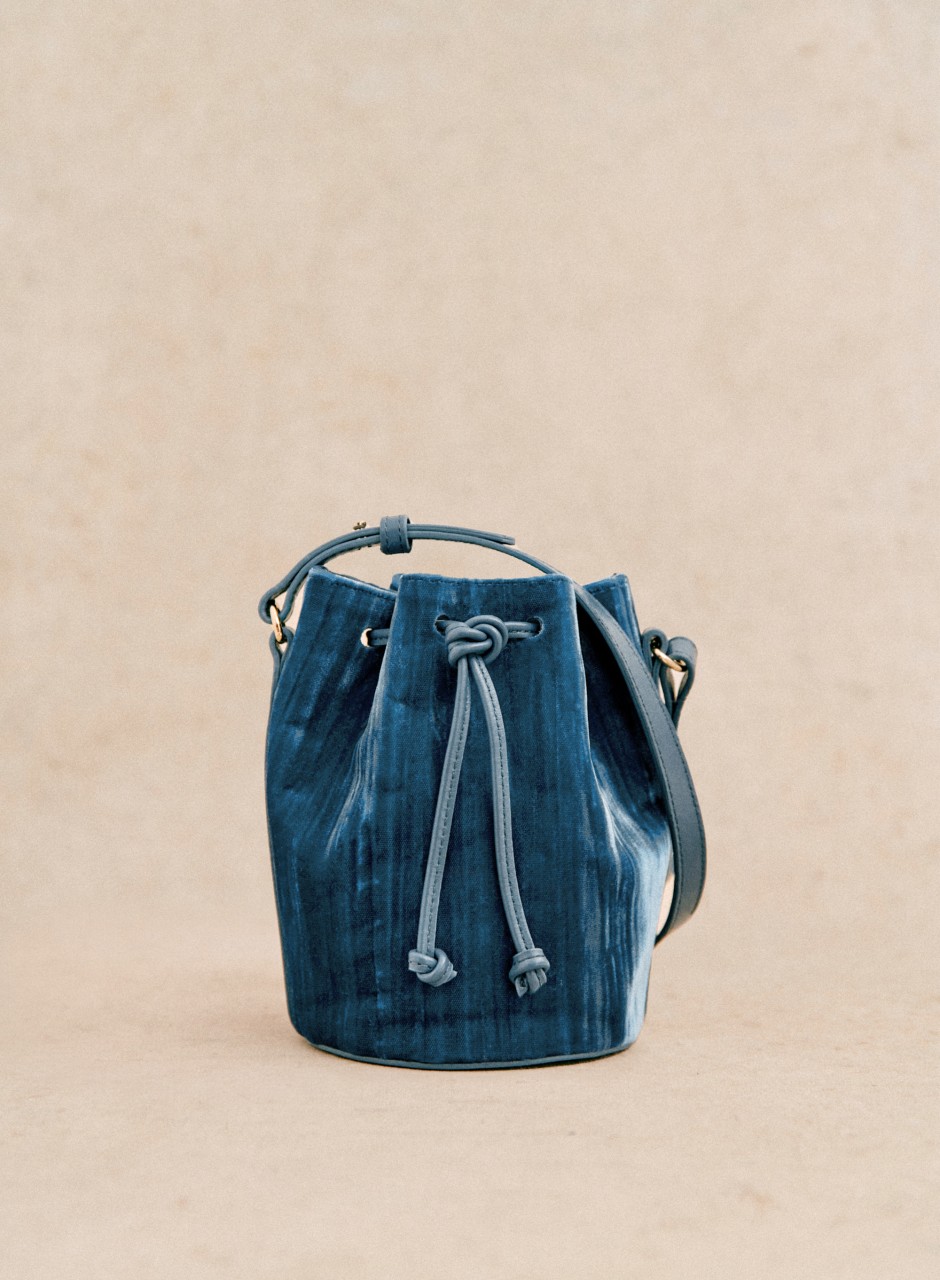 Micro Farrow Bucket Bag Blue denim pleated velvet