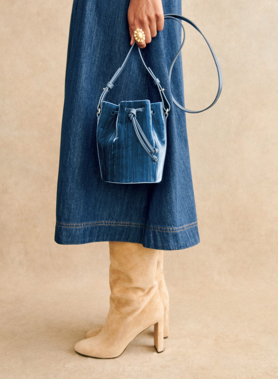 Micro Farrow Bucket Bag Blue denim pleated velvet