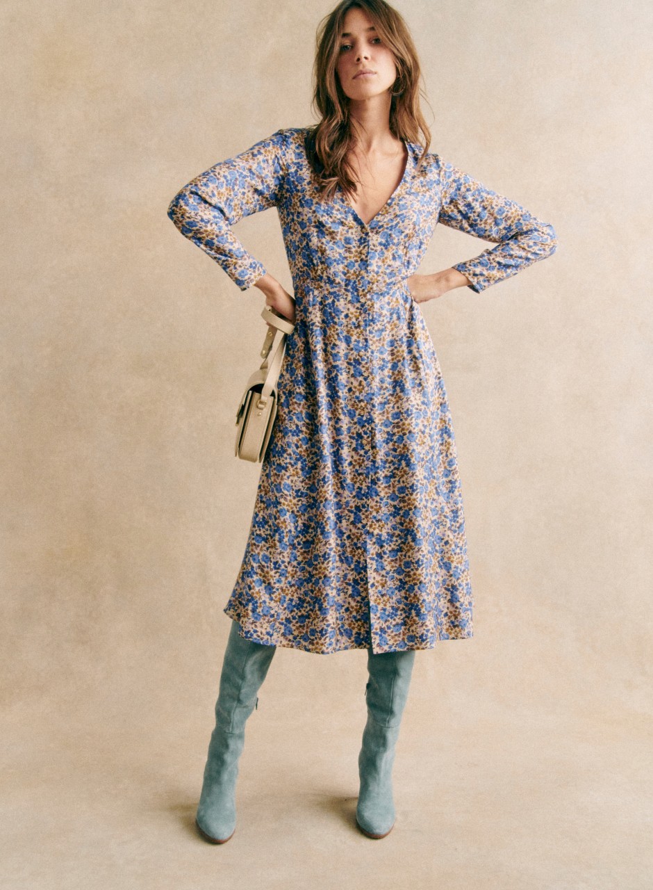 Victoriana Dress Blue Floral Print