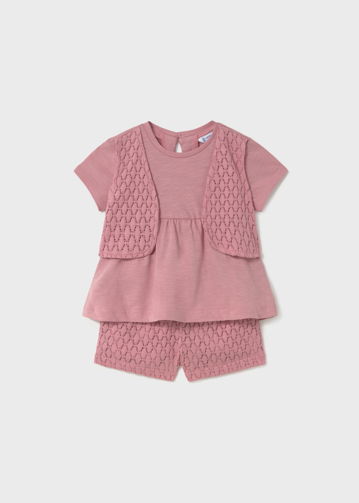 Baby guipure shorts and top set with decorative waistcoat