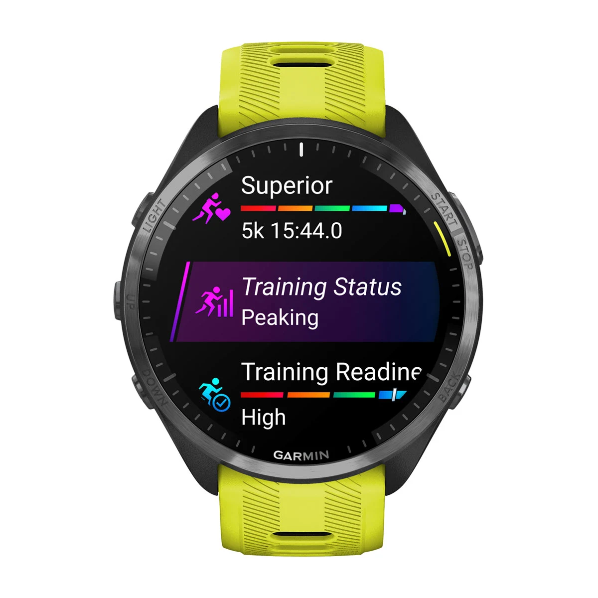 Forerunner® 965 Carbon Gray DLC Titanium Bezel with Black Case and Amp Yellow/Black Silicone Band