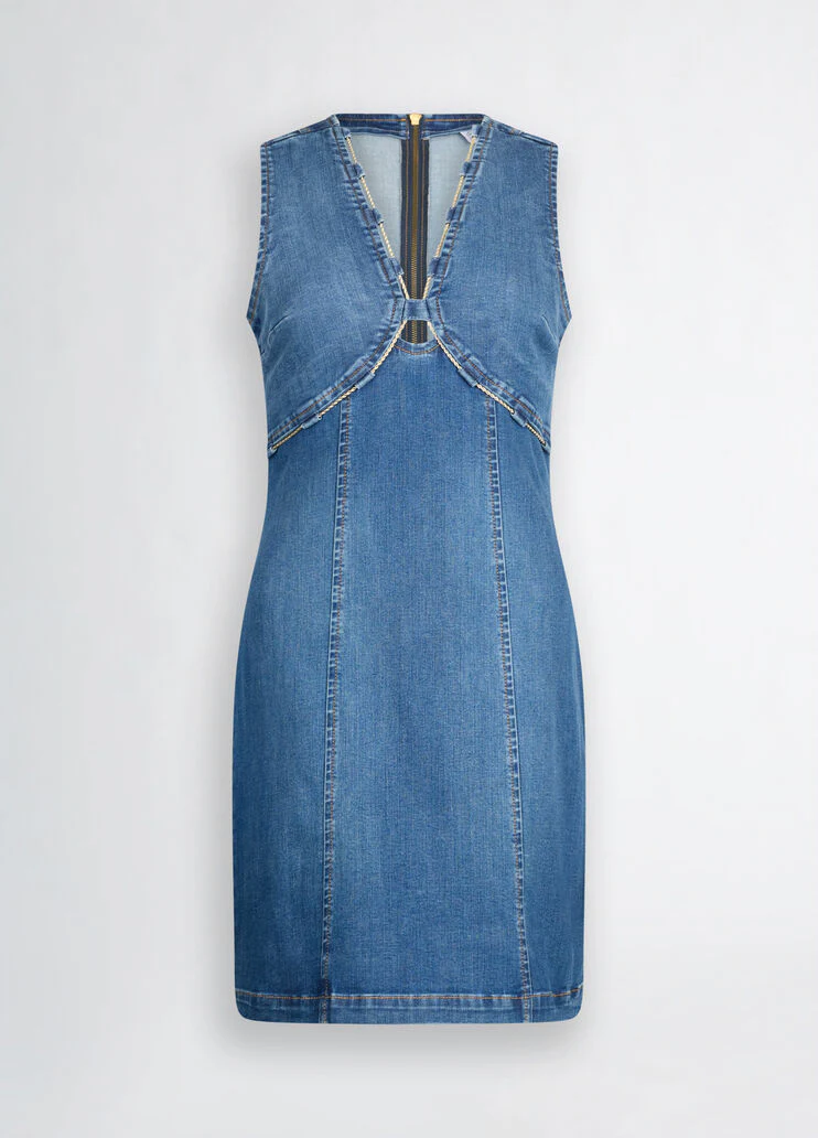 Denim dress with bejewelled chain