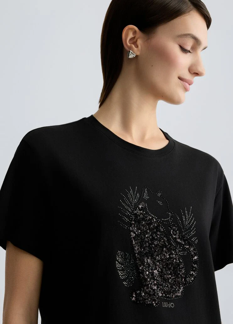 Cotton T-shirt with sequins and rhinestones