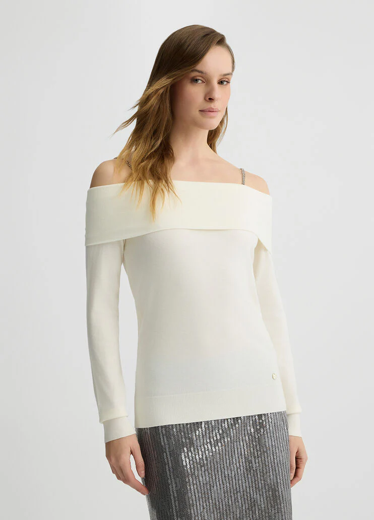Off-the-shoulder jumper with bejewelled gemstones